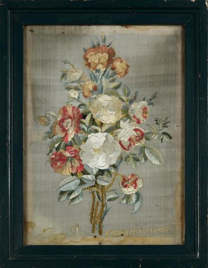 null Gage de reconnaissance, broderie, début du XIXe siècle, vif bouquet de roses,...