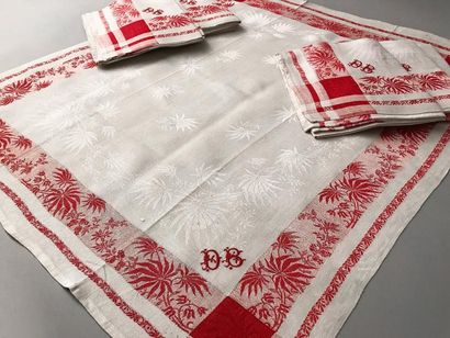 null Dix serviettes en lin damassé rouge et crème, vers 1880, décor de palmes de...