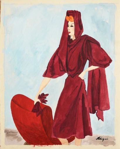 LÉON BENIGNI, (1892-1948) 
Élégante à la robe drapée tenant une paire de gants, maquette...
