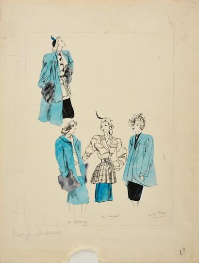 LÉON BENIGNI, (1892-1948) 
Trois planches de modèles de grands couturiers, maquettes...