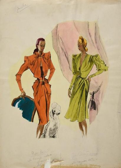 LÉON BENIGNI, (1892-1948) 
Deux planches de modèles de robes élégantes, maquettes...