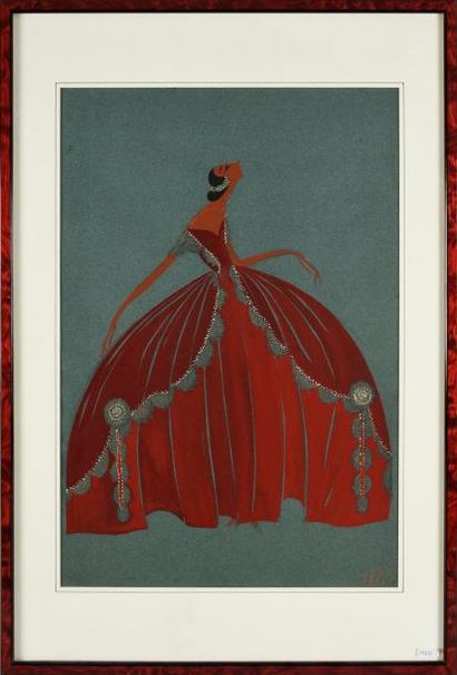JEANNE LANVIN, Atelier 
Projet pour une somptueuse robe du soir, daté 1927, gouache...