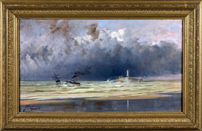 Jules GENESTE (1826-1889) Steamer dans la tempête. Huile sur toile signée en bas...