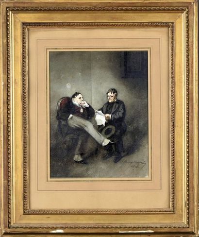 Henry MONNIER La lecture du mémoire.
Aquarelle signée en bas à droite et datée 1871.
Dimensions:...