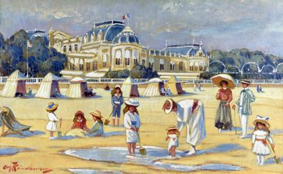 Martin Lindeneau (né en 1948) Jeux de plage devant le casino de Royan
Huile sur toile...