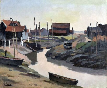 Ulysse GORRIN (1884-1965) Barques et cabanes d'ostréiculteurs aux environs de Marennes...