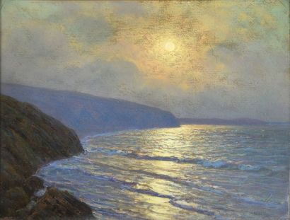 Arsène CHABANIAN (1864-1949) Soleil couchant sur la côte. Pastel sur papier marouflé...