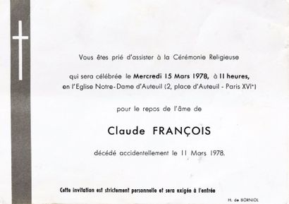 null François, Claude 1978.
Le faire-part de la cérémonie religieuse d'enterrement...
