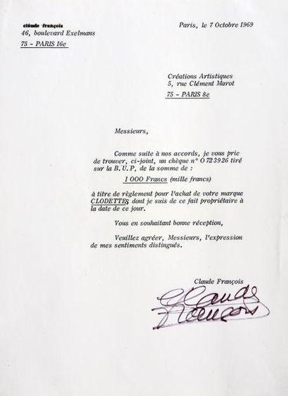 null François, Claude 1969.
Deux courriers tapuscrits sur papier entête de Claude...