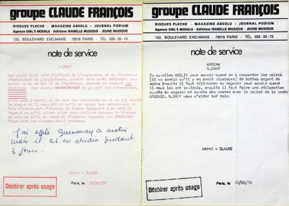 null François, Claude 1973.
Un ensemble de 16 notes de services de Claude François....