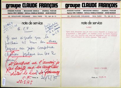 null François, Claude 1973.
Un ensemble de 16 notes de services de Claude François....