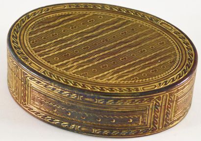 null Boîte ovale en laiton doré, à décor guilloché de raies, de perles et de motifs...
