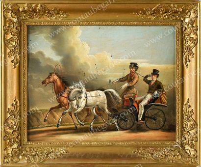 D'APRÈS ALEXANDRE ORLOWSKY (1777-1832) 
Jeune élégant russe dans une troïka au galop.
Huile...