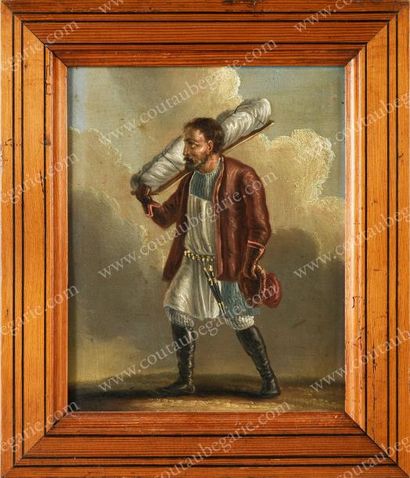 ÉCOLE RUSSE VERS 1820-1850 
Paire de portraits représentant un paysan et un vendeur...