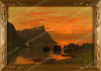 Adelsteen NORMANN (1848-1918) 
Port de pêche au coucher de soleil.
Huile sur toile...