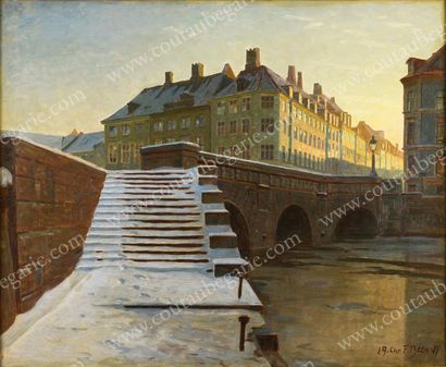 BECK Christian-Frederik (1876-1954) 
Vue d'un quai de Copenhague au soleil souchant.
Huile...
