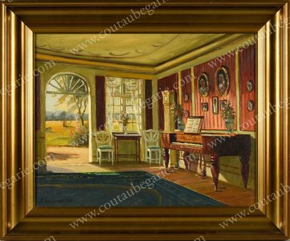 SVENDSEN Frederik Wilhelm (1885-1975) 
Intérieur d'un salon au Piano.
Huile sur toile,...