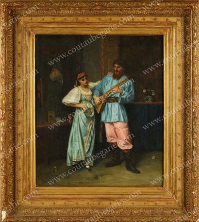 PATROIS Isidore (1814-1884) 
Moujik jouant de la balalaïka avec sa femme dansant.
Huile...