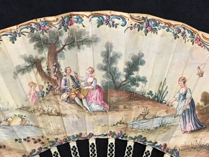 null Les amoureux, vers 1760-1770
Eventail plié, feuille double en papier peint d'une...
