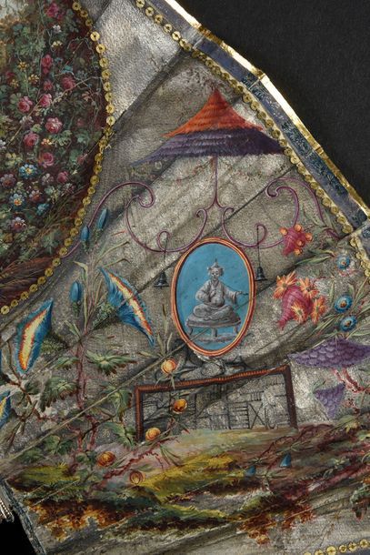 null Le serment d'amour, vers 1780-1790
Eventail plié, feuille en peau peinte sur...