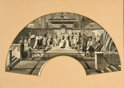 null Le couronnement de Charles VII, vers 1850
Feuille d'éventail imprimée en grisaille...