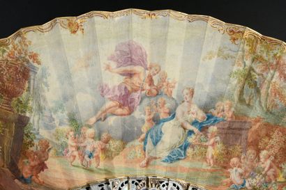 null Flore, vers 1750
Eventail plié, feuille en peau, montée à l'anglaise, peinte...