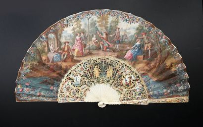 null Le jeu de papegai, vers 1750
Eventail plié, feuille double en papier peint d'un...