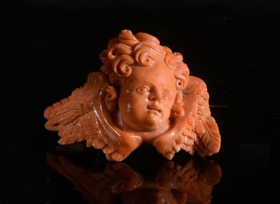 null Importante et belle broche en corail, stylisant une tête d'ange finement sculptée,...