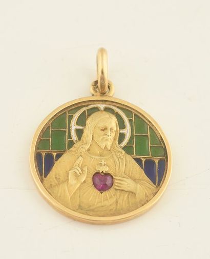 null Médaillon pendentif à motif du Christ Pantocrator sur un fond d'émail plique...