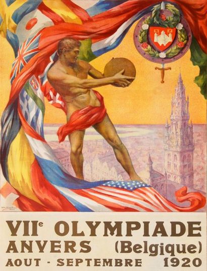 1920. Anvers. Affiche officielle des VIIè Jeux Olympiques d'été en Belgique. Texte...