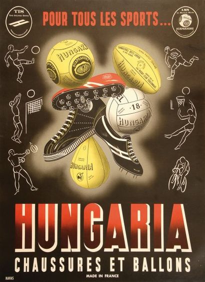 null Affiche «Hungaria». Pour tous les sports. Vers 1950. Très belle illustration....