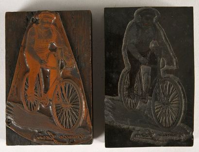 null Plaques d'imprimeries en cuivre et en bois de Maurice Garin sur son vélo. Dim....
