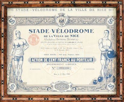 null Action du Stade Vélodrome de Nice en 1926. Illustrée. Dim. 24x30 cm. Encadr...