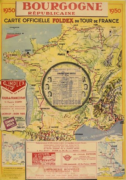 null Affiche de la carte officielle du Tour de France 1950 éditée par la «Bourgogne...