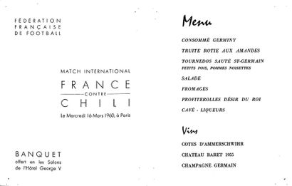 null Menu du match International entre la France et le Chili le 16 mars 1960 à Paris...