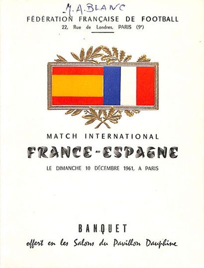 null Menu du match International entre la France et l'Espagne le 10 décembre 1961...