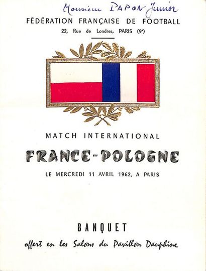 null Menu du match International entre la France et la Pologne le 11 Avril 1962 avec...