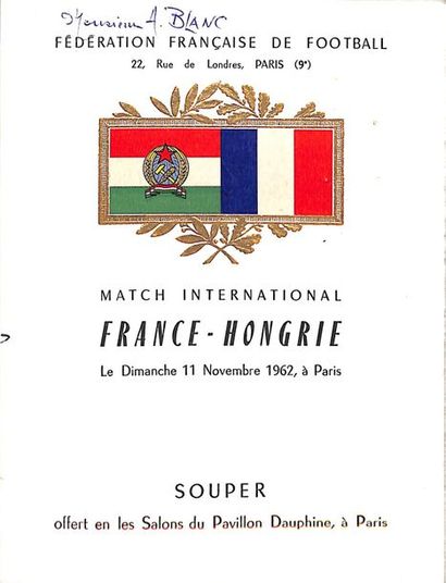 null Menu du match International entre la France et la Hongrie le 11 novembre 1962...