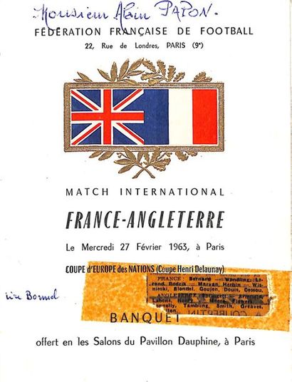 null Menu du match International entre la France et l'Angleterre le 27 février 1963...