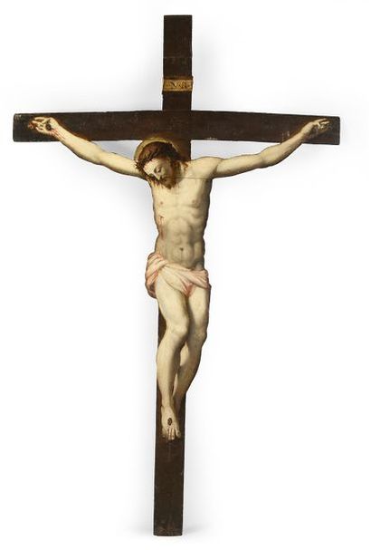 École Française du XVIIe siècle 
Croix peinte représentant la crucifixion du Christ
126...