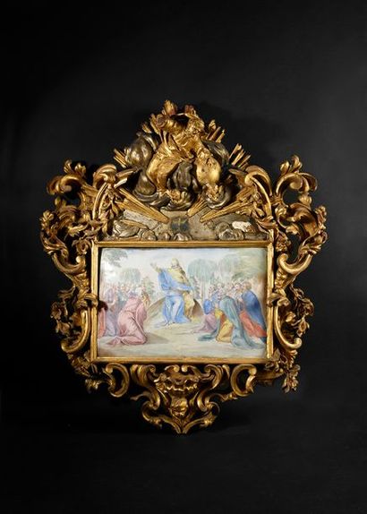 ROME et PEKIN Exceptionnel bénitier baroque en bois sculpté doré et argenté, à décor...