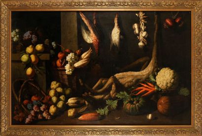 Ecole ESPAGNOLE, dans le goût du XVIIe siècle 
Nature morte à la biche et aux citrons.
Toile.
169...