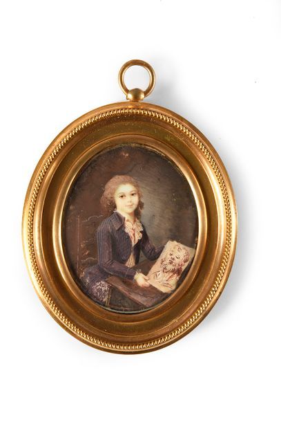 École FRANÇAISE vers 1790 
Portrait d'un jeune garçon dessinant
Miniature ovale,...