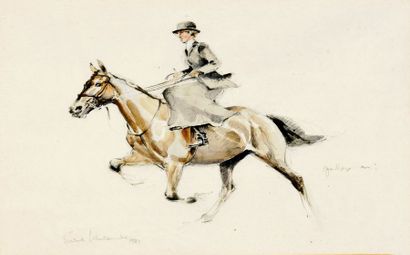 Susie WHITCOMBE (XXe) 
Gallop on
Aquarelle, signée en bas à gauche et titrée.
19...