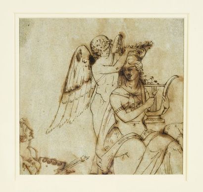 Ecole Italienne du XIXe siècle 
Cupidon et les muses.
Encre, dessin double face.
17...