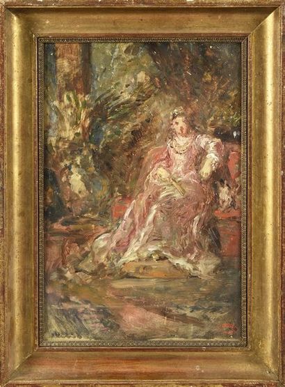 Eugène ISABEY (1803 -1886) 
Femme à l'éventail assise dans un sofa Panneau d'acajou...