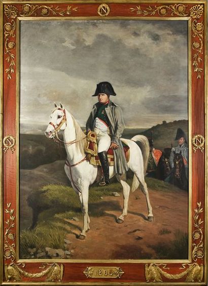 A. 
Napoleon à cheval. 1805.
Importante toile, beau cadre n bois sculpté et doré...