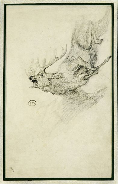 Edouard MERITE (1867 - 1941) 
Cerf mourant.
Fusain. Cachet de l'artiste au milieu...