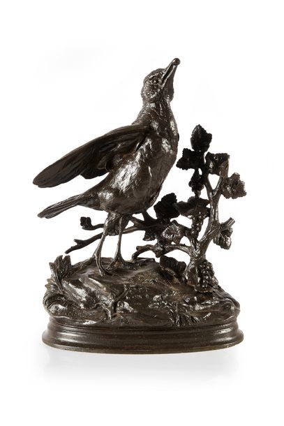Jules MOIGNIEZ (1834 - 1894) 
Grive dressée picorant des raisins.
Bronze à patine...