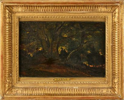 Antoine Louis BARYE (1795-1875) 
Paysage en forêt de Fontainebleau
Huile sur toile.
H.:...
